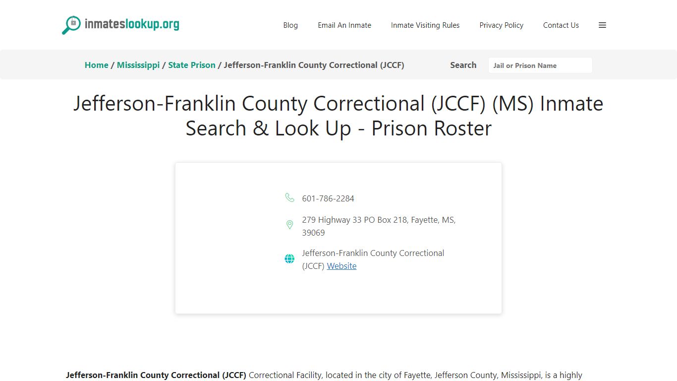 Jefferson-Franklin County Correctional (JCCF) (MS) Inmate Search & Look ...